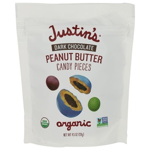 image:imageJustins Dark Chocolate Peanut Butter Candy Pieces  45oz bag Organic Gluten Free NonGMO Responsibly Source Rainforest Alliance Certified Cocoa